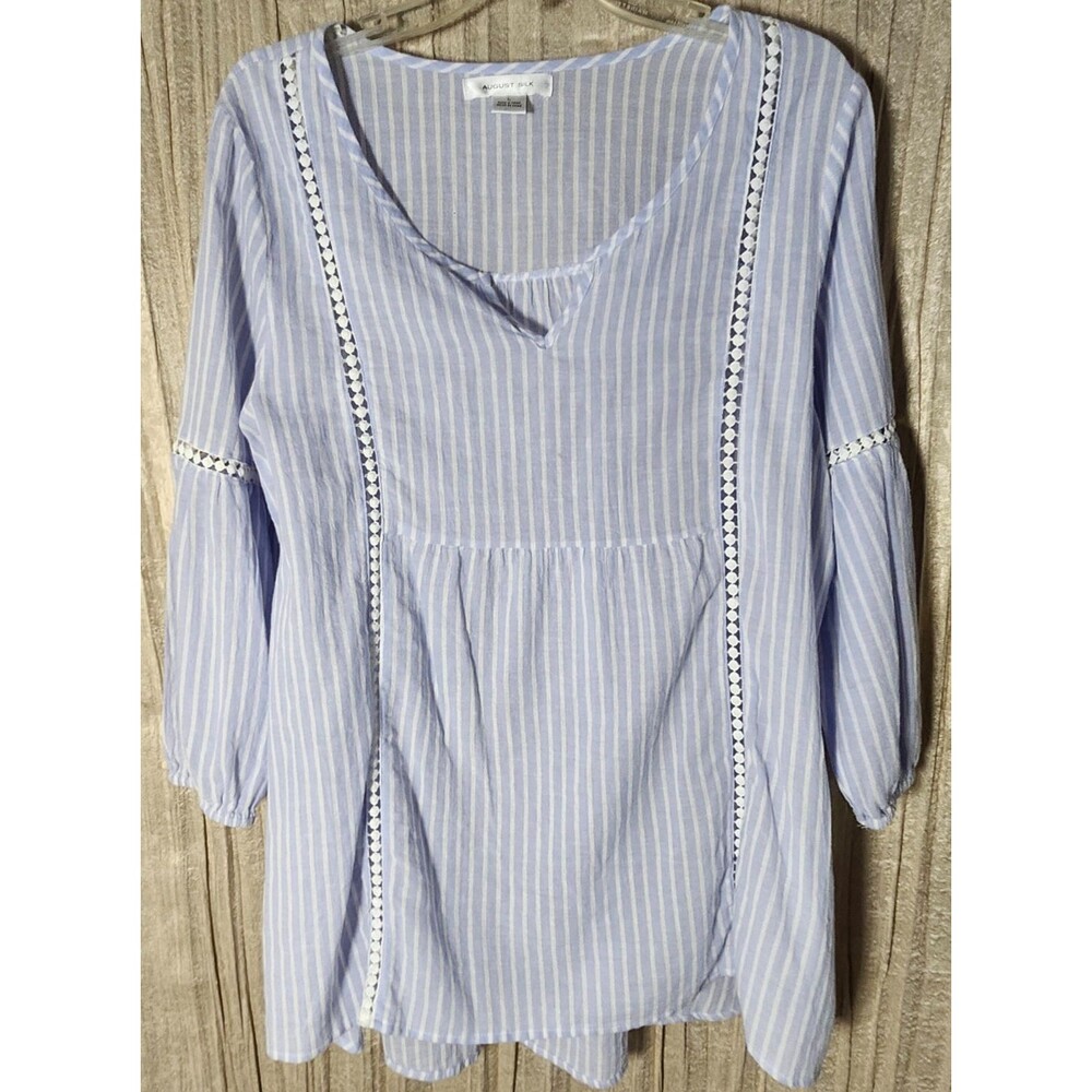August Silk Large Blue White Striped Peasant Blouse Sheer Boho Beach Vacation